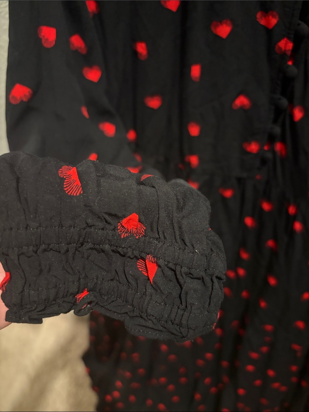 Black Maxi Dress with Red Heart Print — Elegant Tiered V-Neck Maxi - Picture 3 of 5